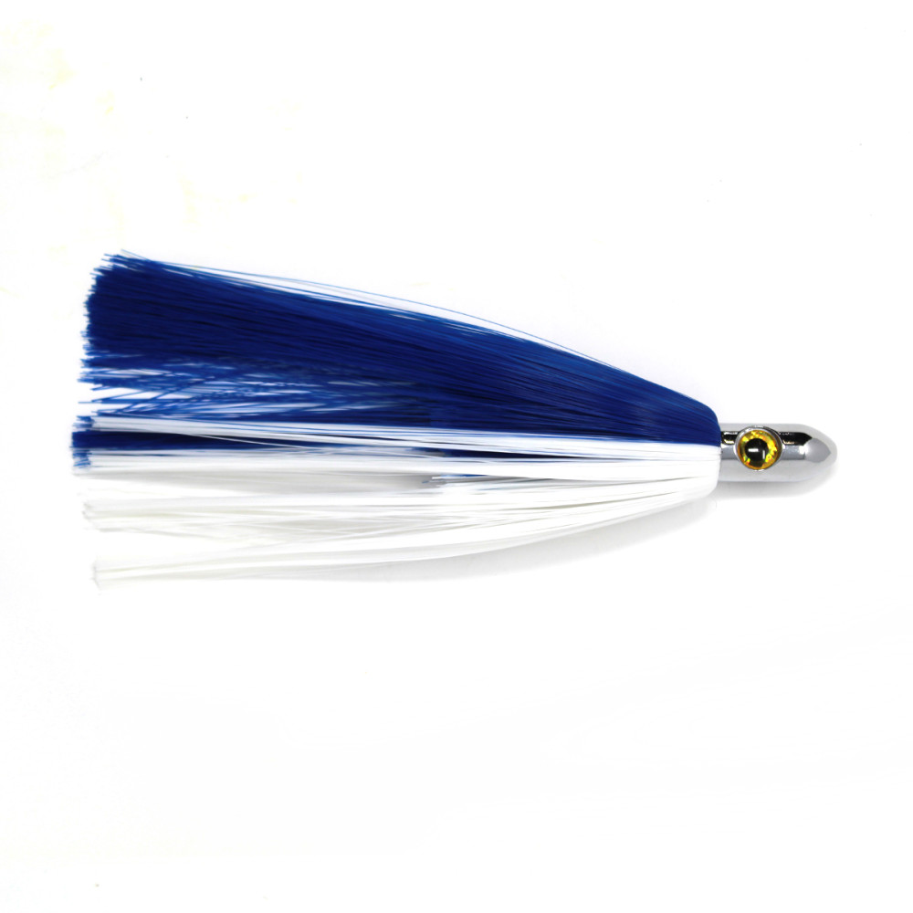 Bally Turbo lure, 6.75" chrome head, blue/white hair skirt