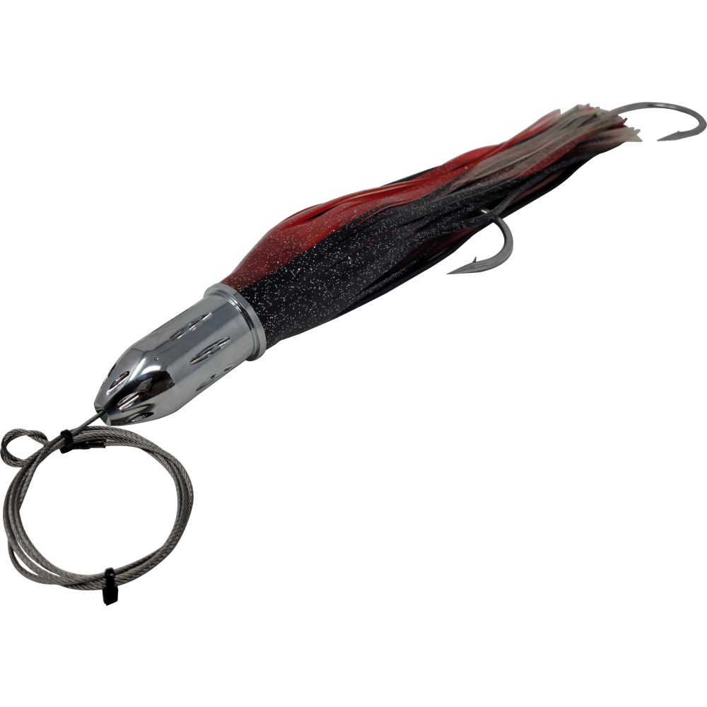 Trolling lure, (17oz) Jetted big head, black/red, 12/0 hookset